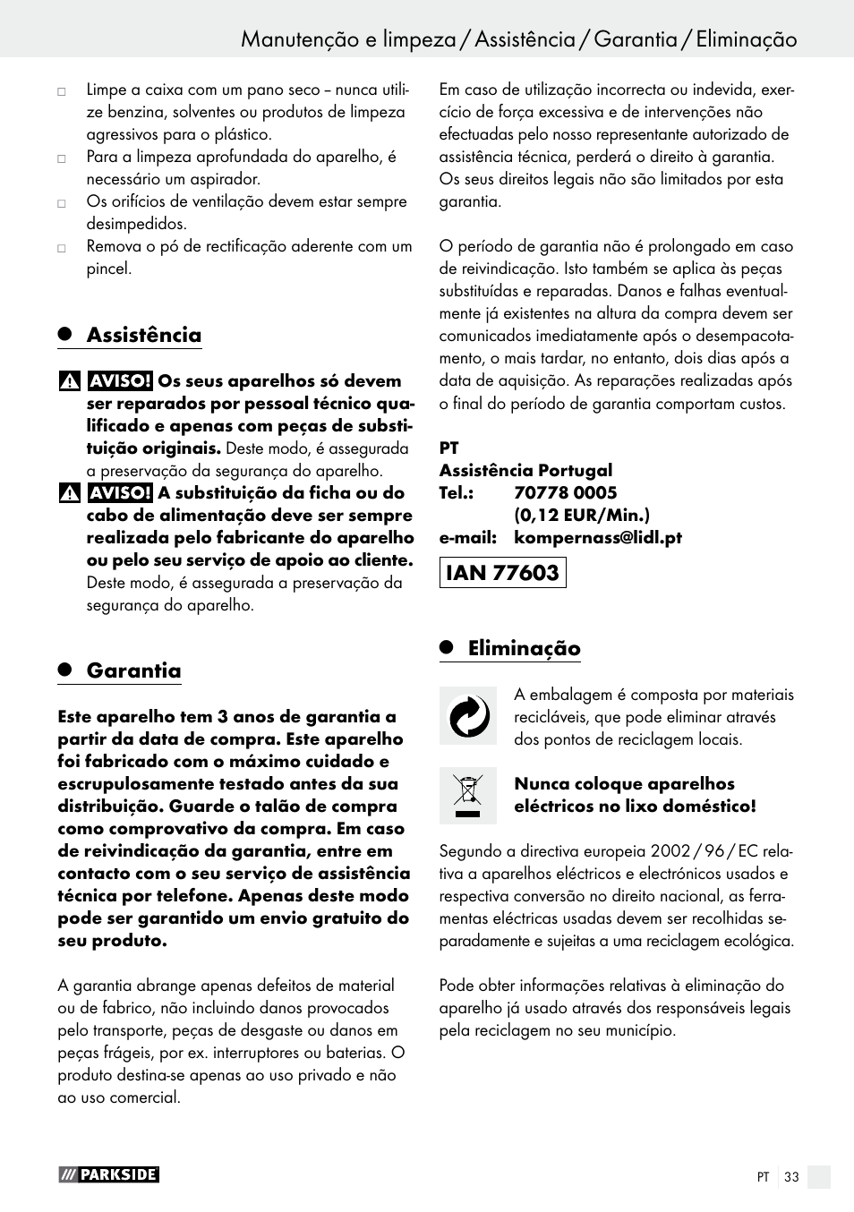 Assistência, Garantia, Eliminação | Parkside PMFW 280 A2 User Manual | Page 33 / 55