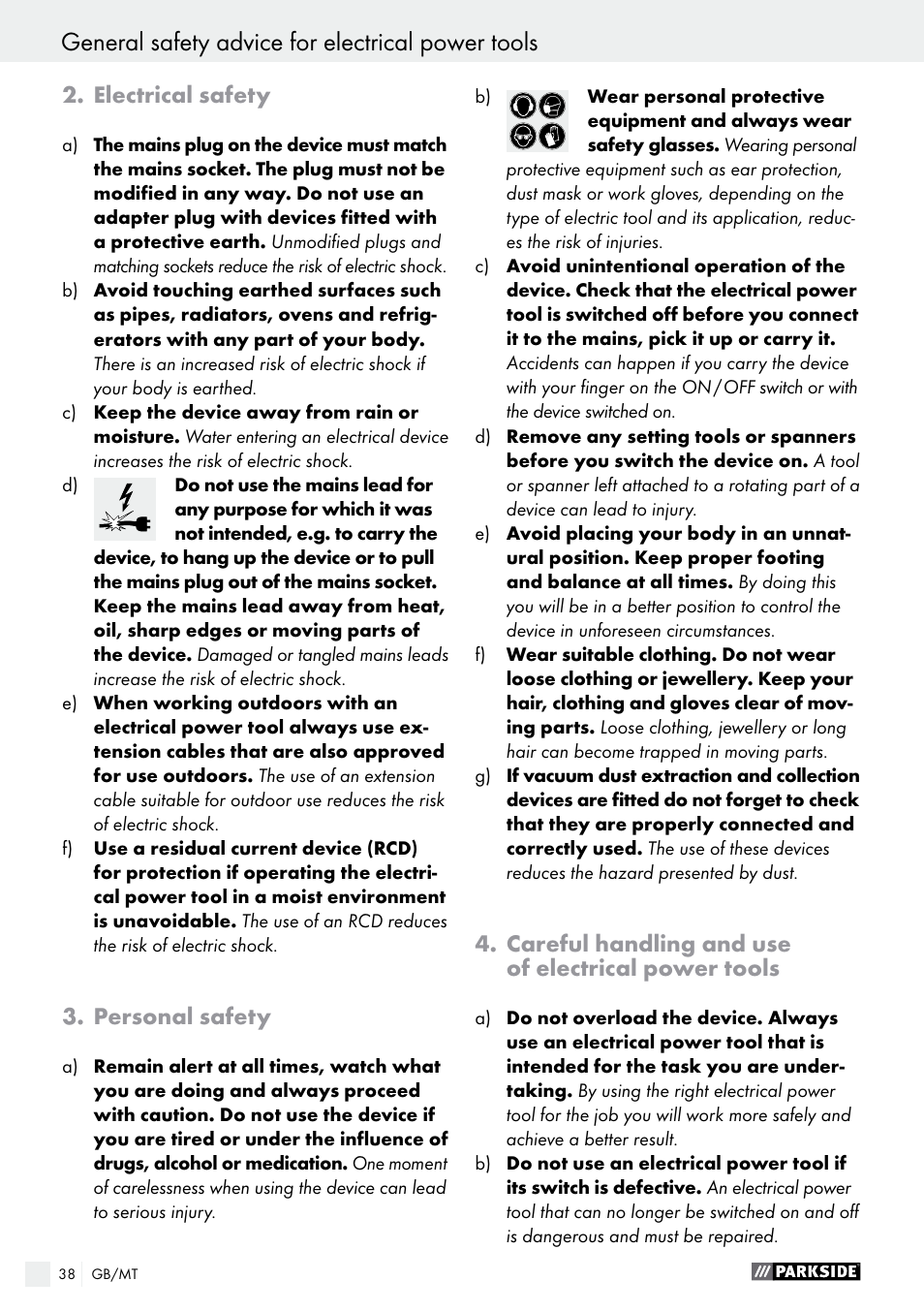 General safety advice for electrical power tools, Electrical safety, Personal safety | Careful handling and use of electrical power tools | Parkside PMFW 280 A2 User Manual | Page 38 / 55