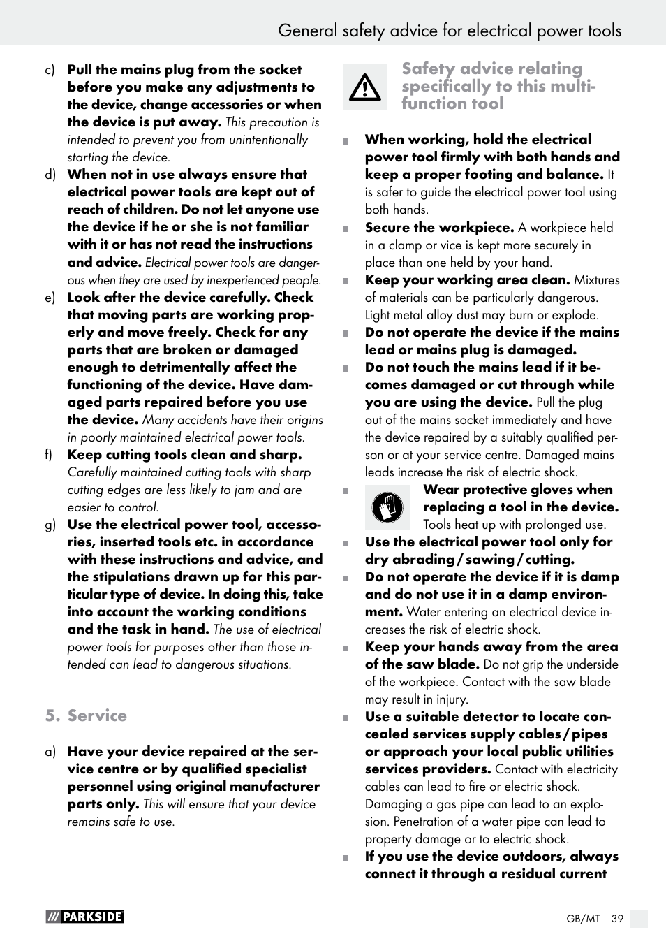 General safety advice for electrical power tools, Service | Parkside PMFW 280 A2 User Manual | Page 39 / 55