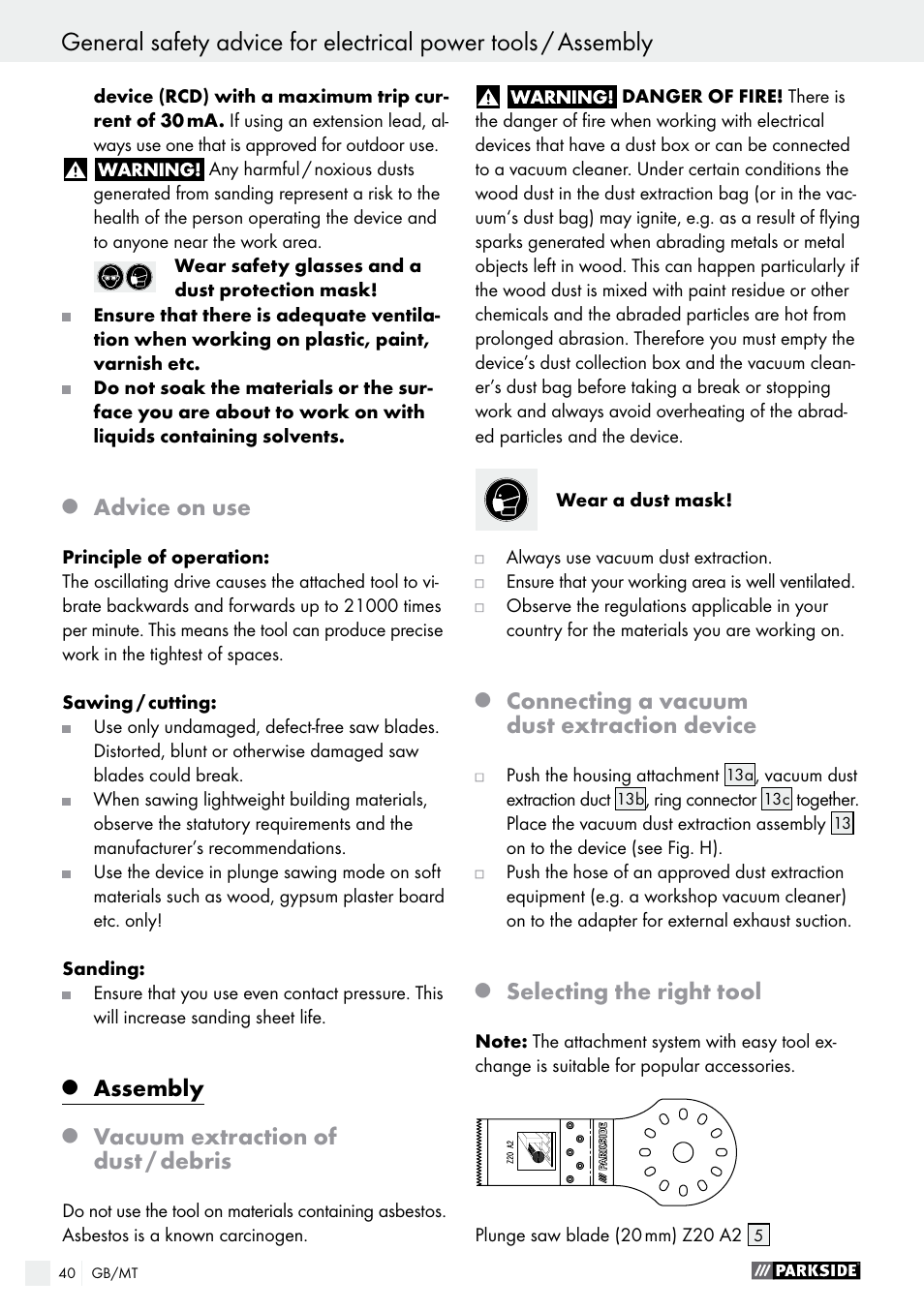 Advice on use, Assembly, Vacuum extraction of dust / debris | Connecting a vacuum dust extraction device, Selecting the right tool | Parkside PMFW 280 A2 User Manual | Page 40 / 55