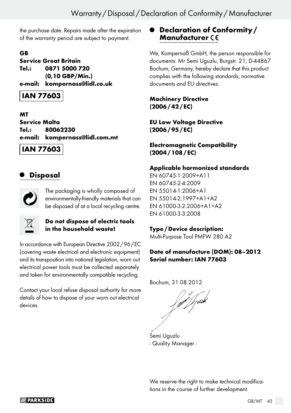 Disposal, Declaration of conformity / manufacturer | Parkside PMFW 280 A2 User Manual | Page 43 / 55