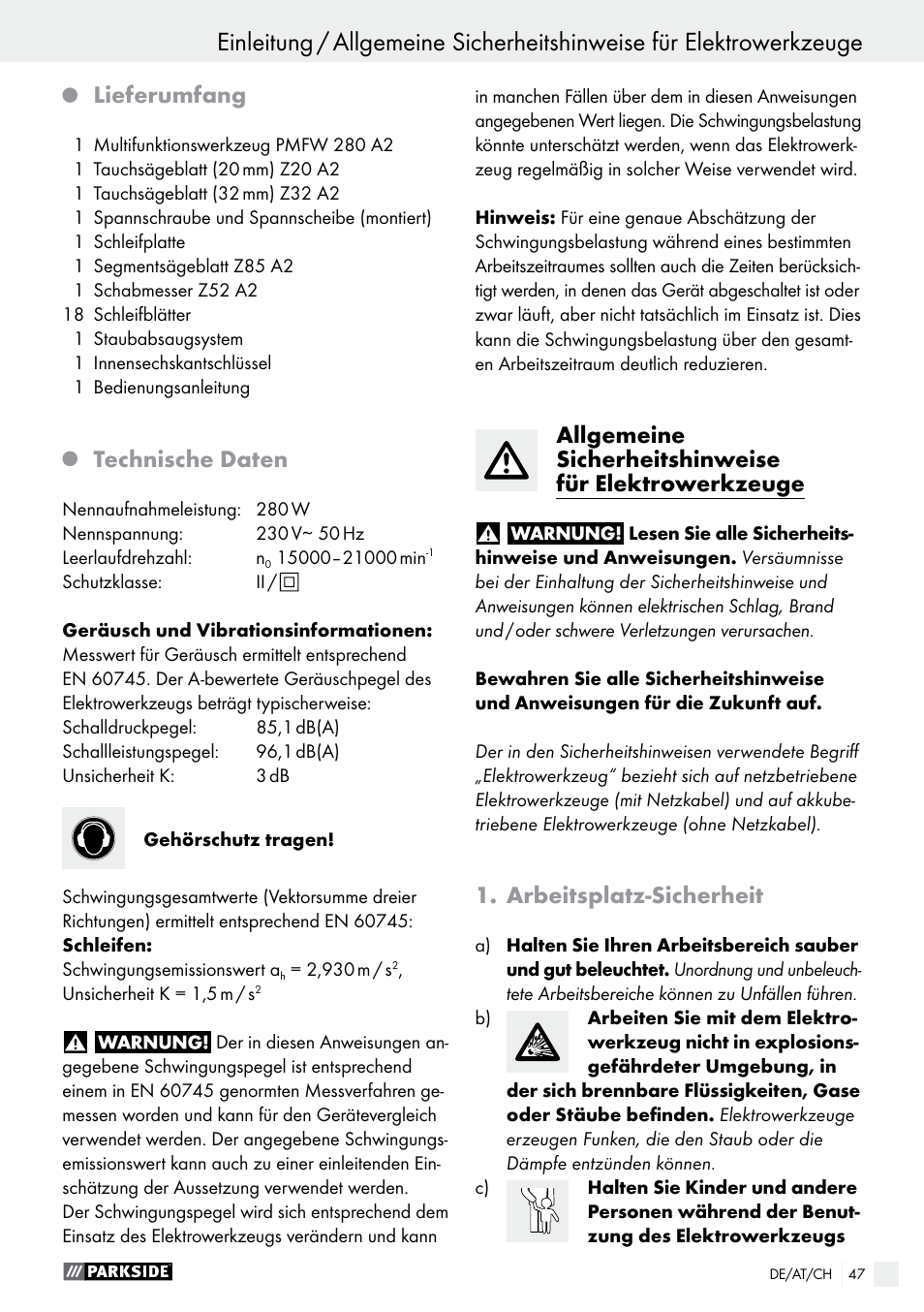 Lieferumfang, Technische daten, Arbeitsplatz­sicherheit | Parkside PMFW 280 A2 User Manual | Page 47 / 55