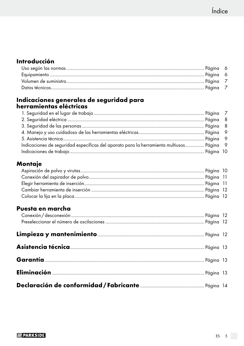 Índice | Parkside PMFW 280 A2 User Manual | Page 5 / 55