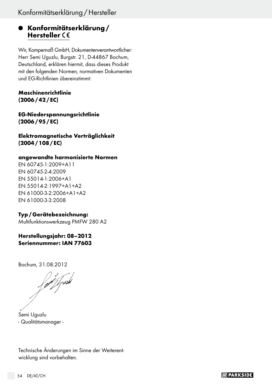 Konformitätserklärung / hersteller | Parkside PMFW 280 A2 User Manual | Page 54 / 55