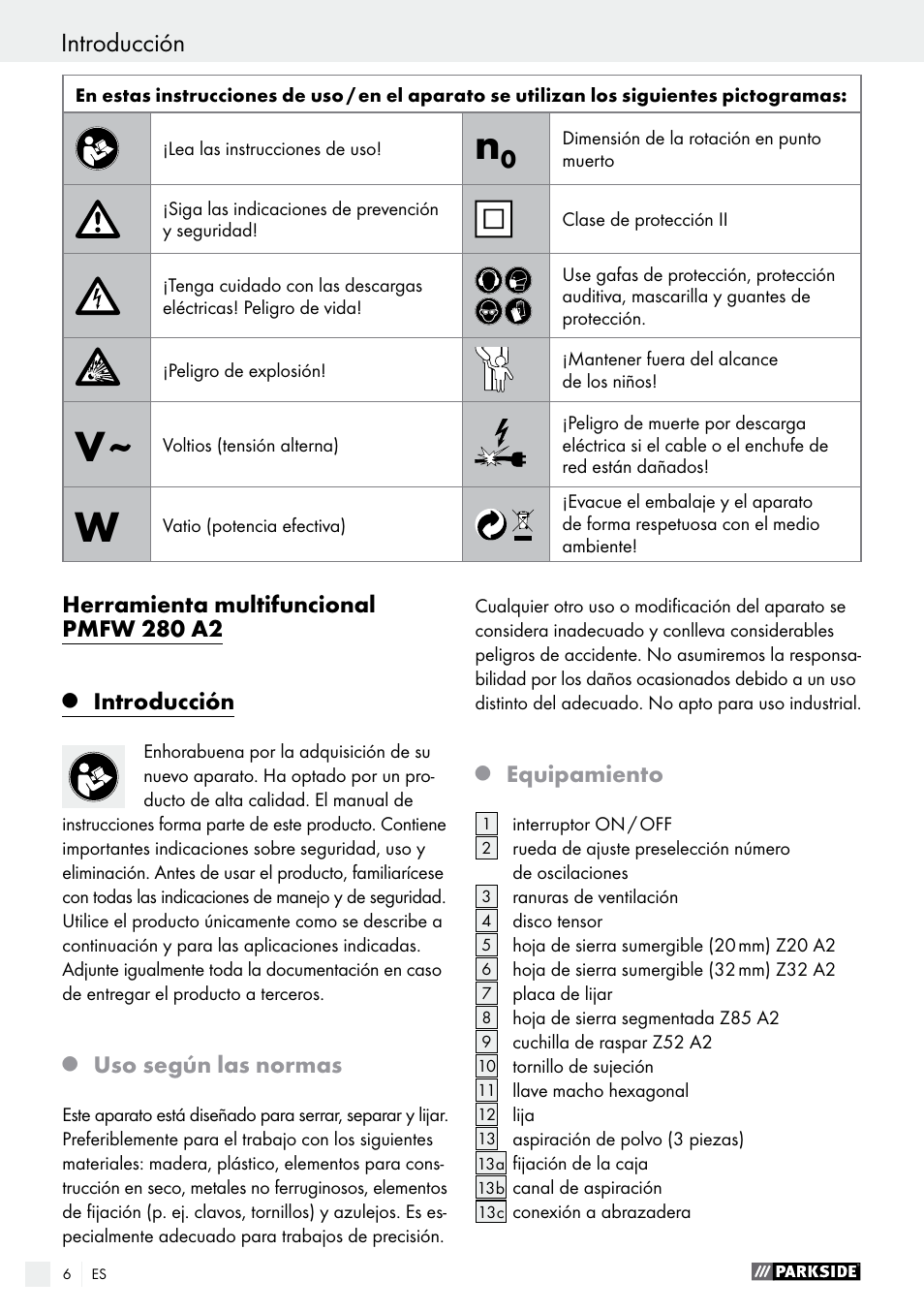 Introducción | Parkside PMFW 280 A2 User Manual | Page 6 / 55
