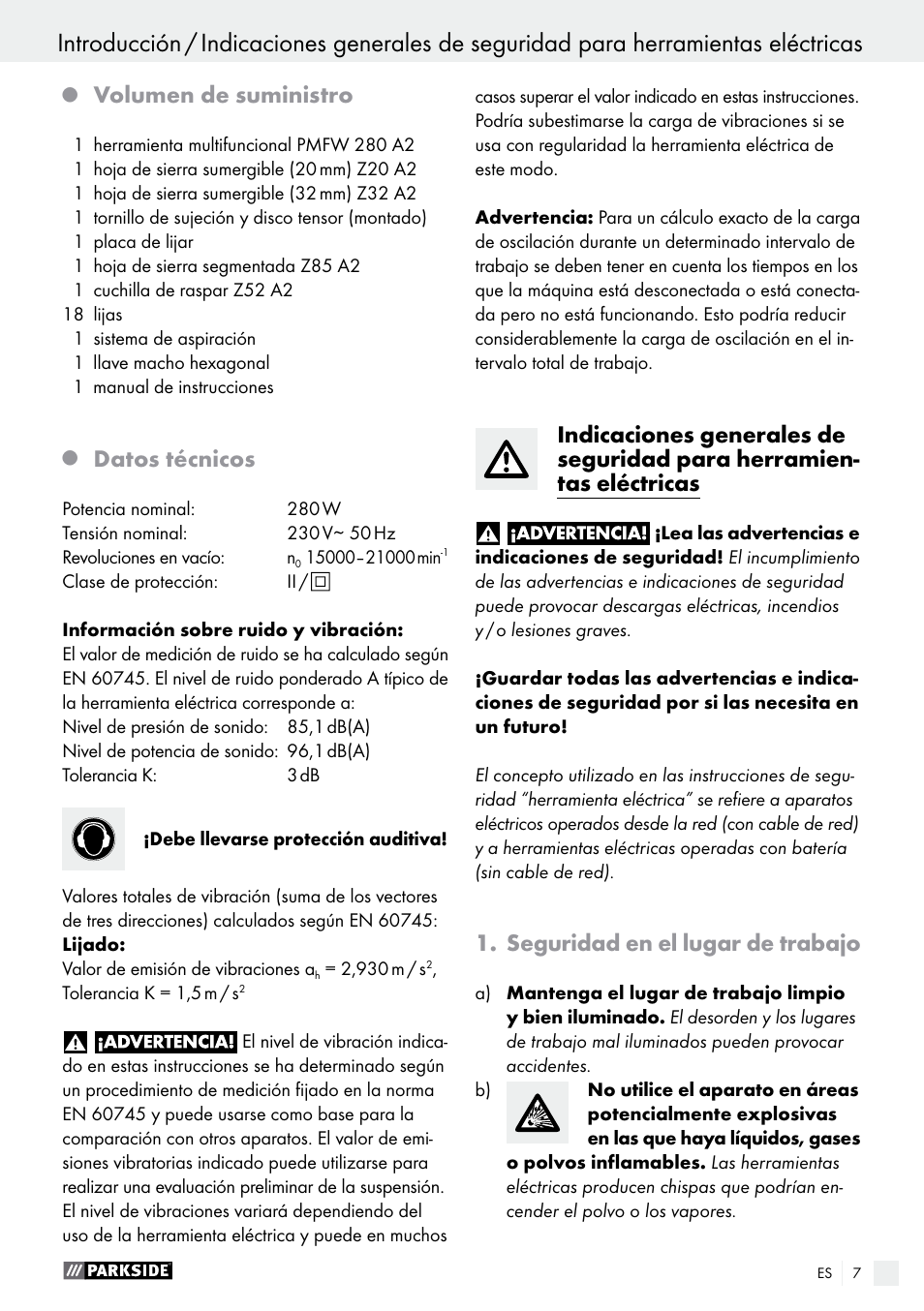 Introducción, Volumen de suministro, Datos técnicos | Seguridad en el lugar de trabajo | Parkside PMFW 280 A2 User Manual | Page 7 / 55