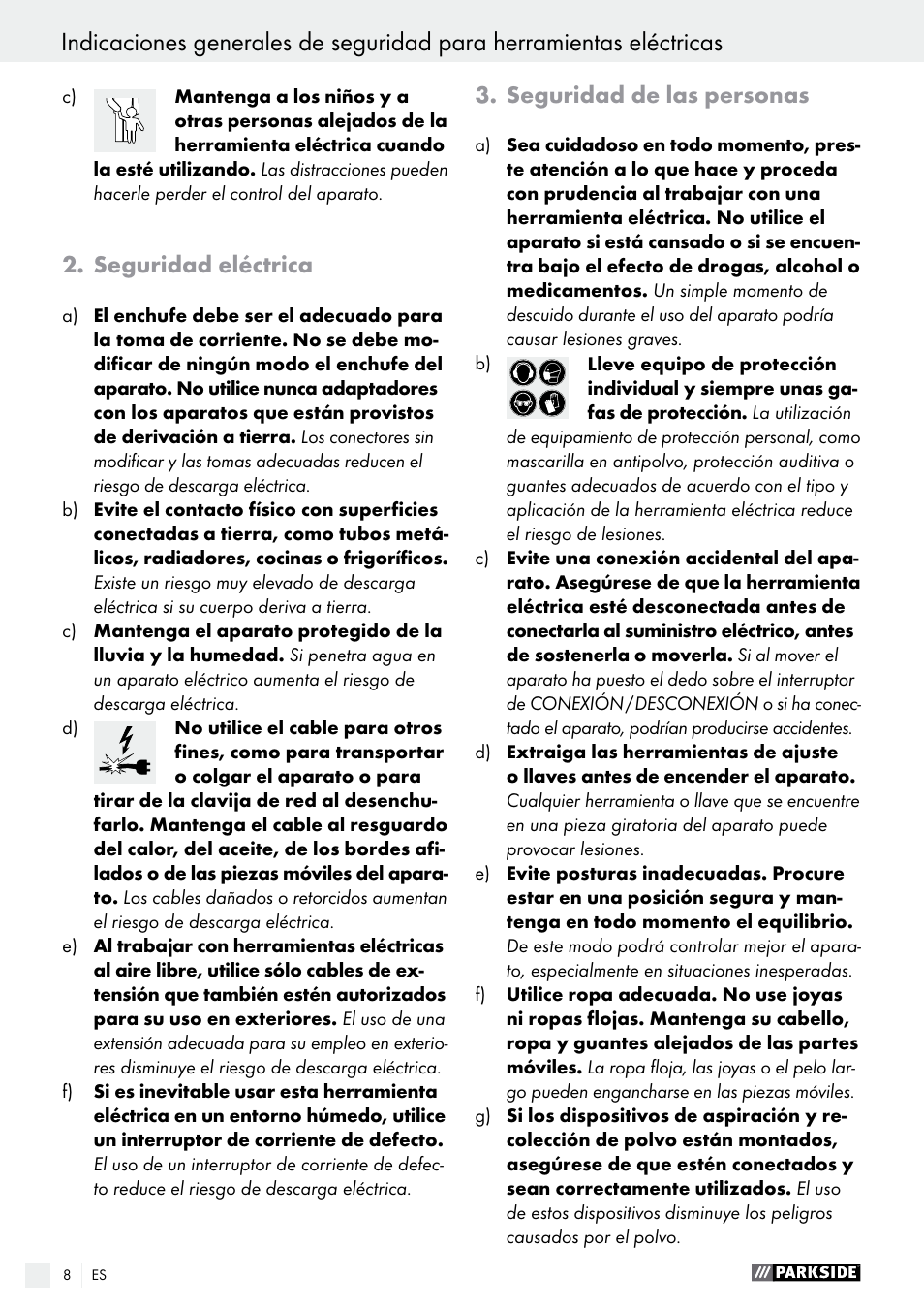 Seguridad eléctrica, Seguridad de las personas | Parkside PMFW 280 A2 User Manual | Page 8 / 55