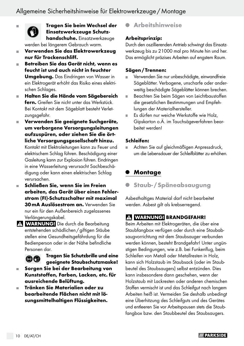 Arbeitshinweise, Montage, Staub- / späneabsaugung | Parkside PMFW 280 A2 User Manual | Page 10 / 44