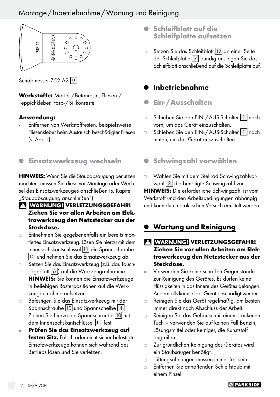 Einsatzwerkzeug wechseln, Schleifblatt auf die schleifplatte aufsetzen, Inbetriebnahme | Ein- / ausschalten, Schwingzahl vorwählen, Wartung und reinigung | Parkside PMFW 280 A2 User Manual | Page 12 / 44
