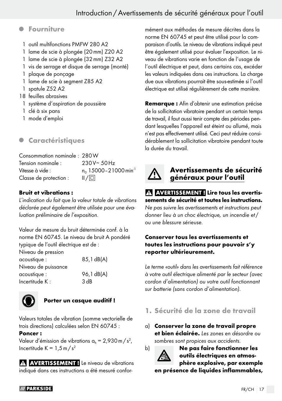 Fourniture, Caractéristiques, Avertissements de sécurité généraux pour l’outil | Sécurité de la zone de travail | Parkside PMFW 280 A2 User Manual | Page 17 / 44