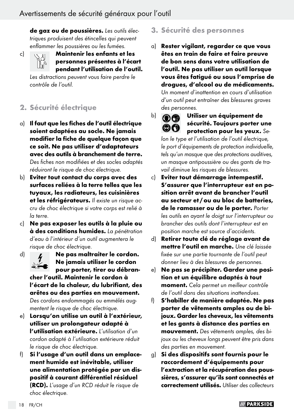 Avertissements de sécurité généraux pour l’outil, Sécurité électrique, Sécurité des personnes | Parkside PMFW 280 A2 User Manual | Page 18 / 44