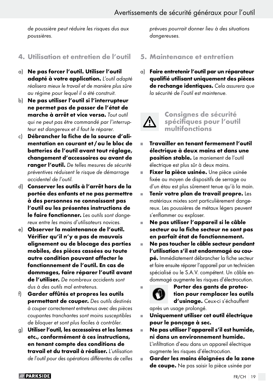 Avertissements de sécurité généraux pour l’outil | Parkside PMFW 280 A2 User Manual | Page 19 / 44