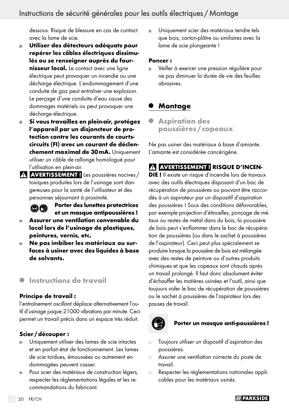Instructions de travail, Montage, Aspiration des poussières / copeaux | Parkside PMFW 280 A2 User Manual | Page 20 / 44