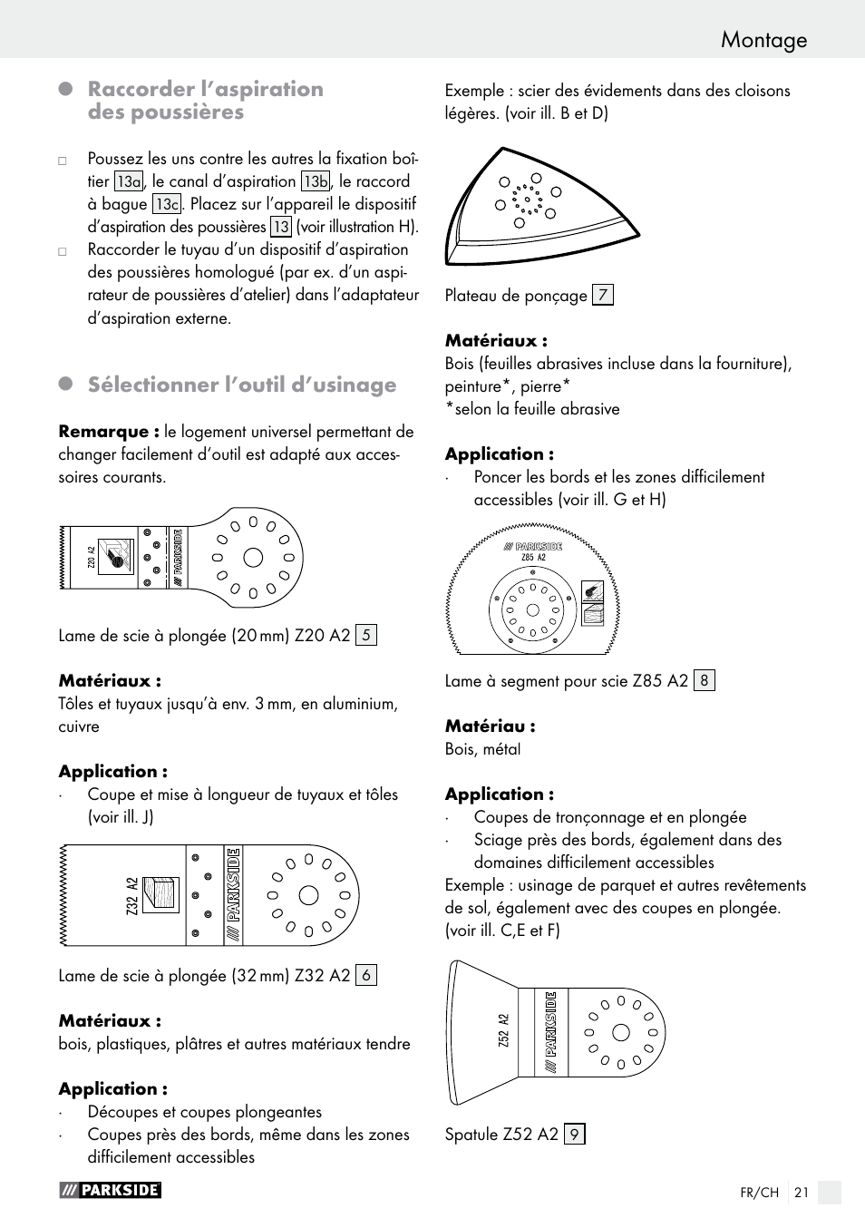 Raccorder l’aspiration des poussières, Sélectionner l’outil d’usinage | Parkside PMFW 280 A2 User Manual | Page 21 / 44