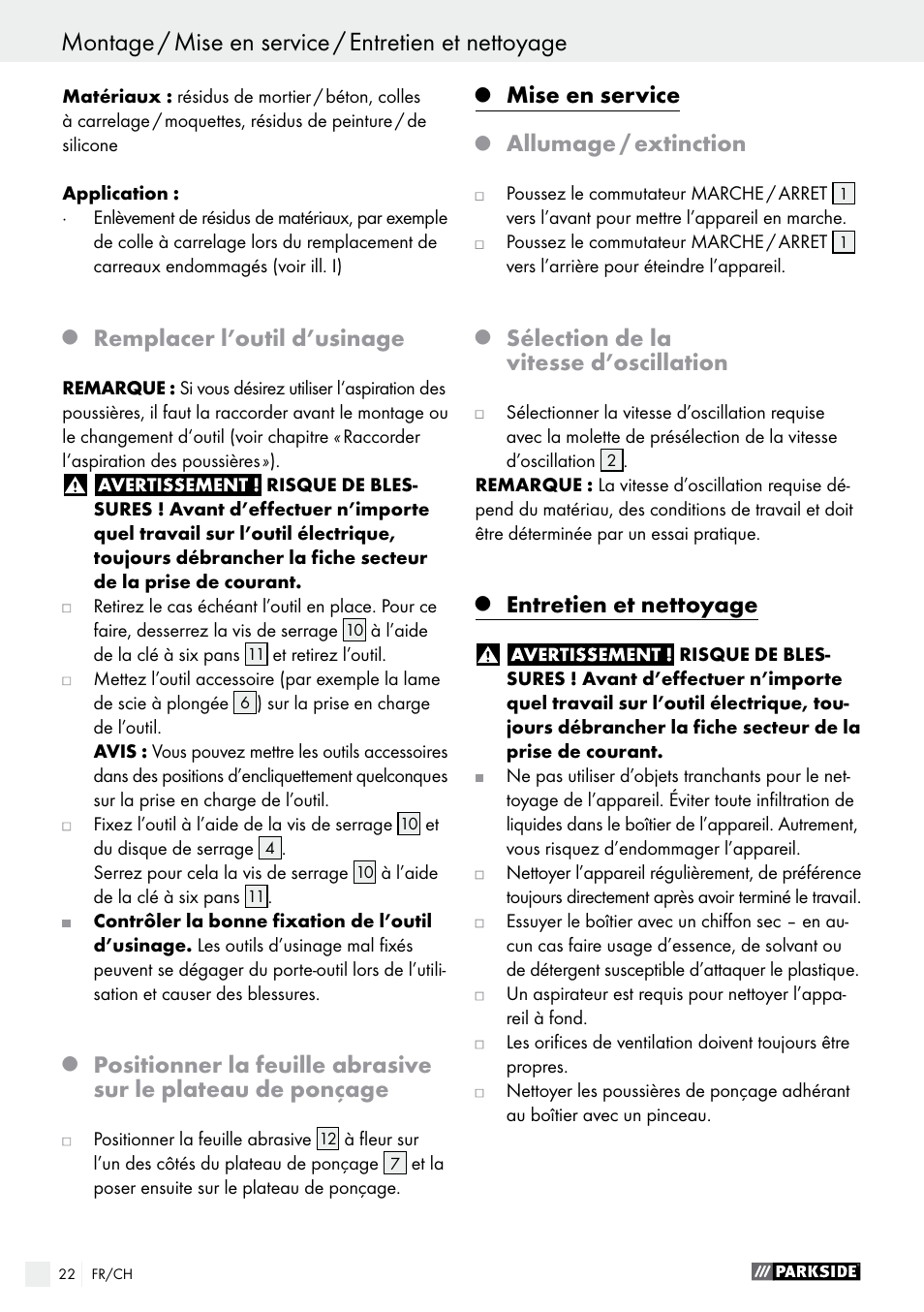 Remplacer l’outil d’usinage, Mise en service, Allumage / extinction | Sélection de la vitesse d’oscillation, Entretien et nettoyage | Parkside PMFW 280 A2 User Manual | Page 22 / 44