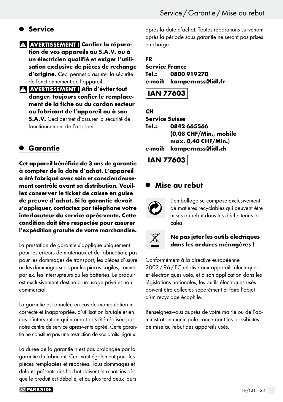 Service / garantie / mise au rebut, Montage / mise en service / entretien et nettoyage, Service | Garantie, Mise au rebut | Parkside PMFW 280 A2 User Manual | Page 23 / 44