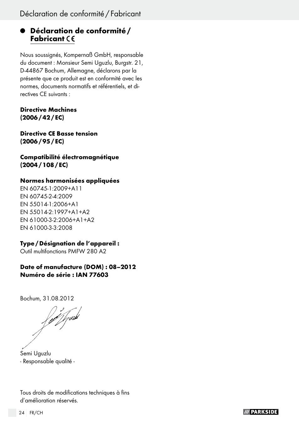 Déclaration de conformité / fabricant, Indice | Parkside PMFW 280 A2 User Manual | Page 24 / 44