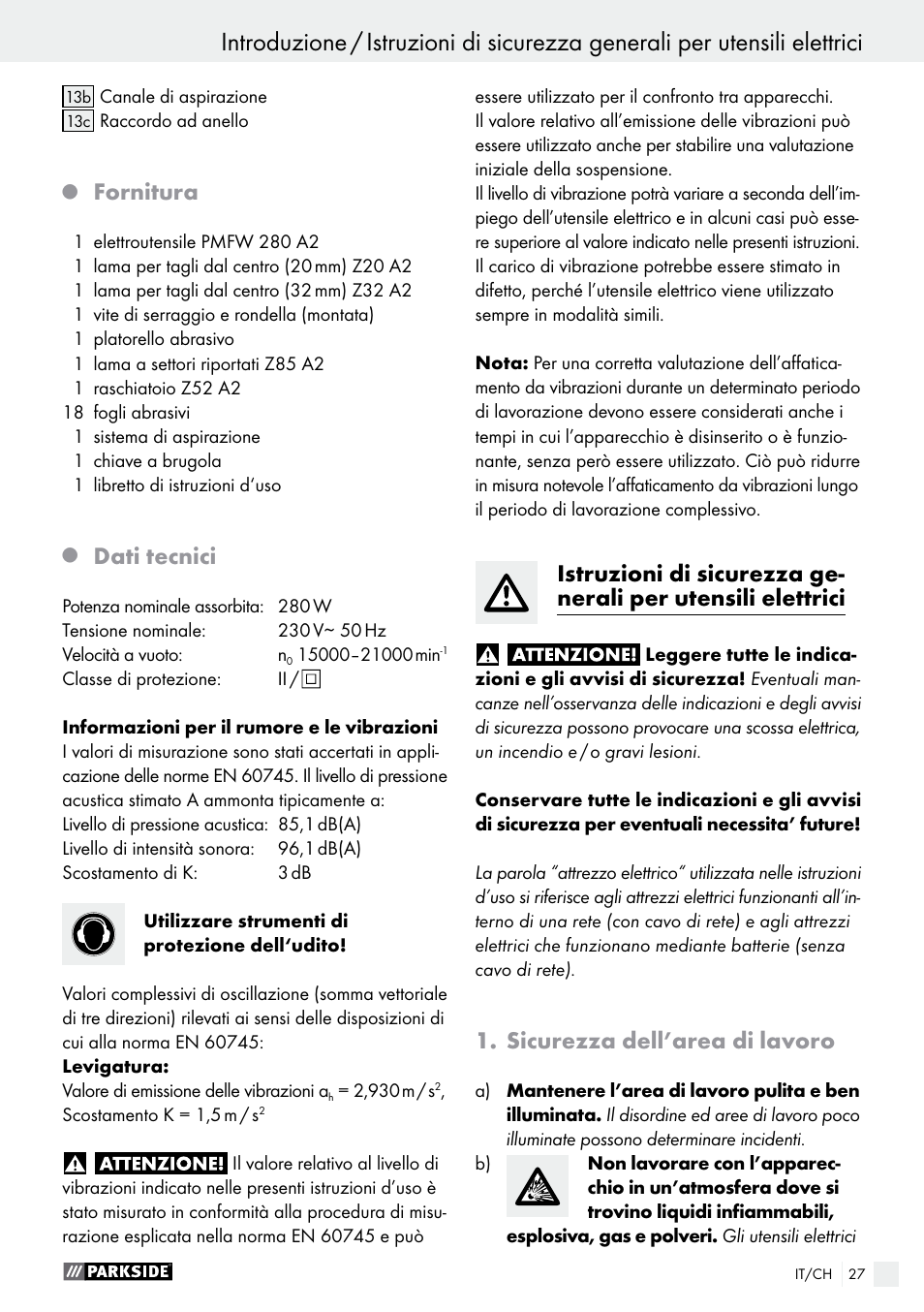 Fornitura, Dati tecnici, Sicurezza dell’area di lavoro | Parkside PMFW 280 A2 User Manual | Page 27 / 44