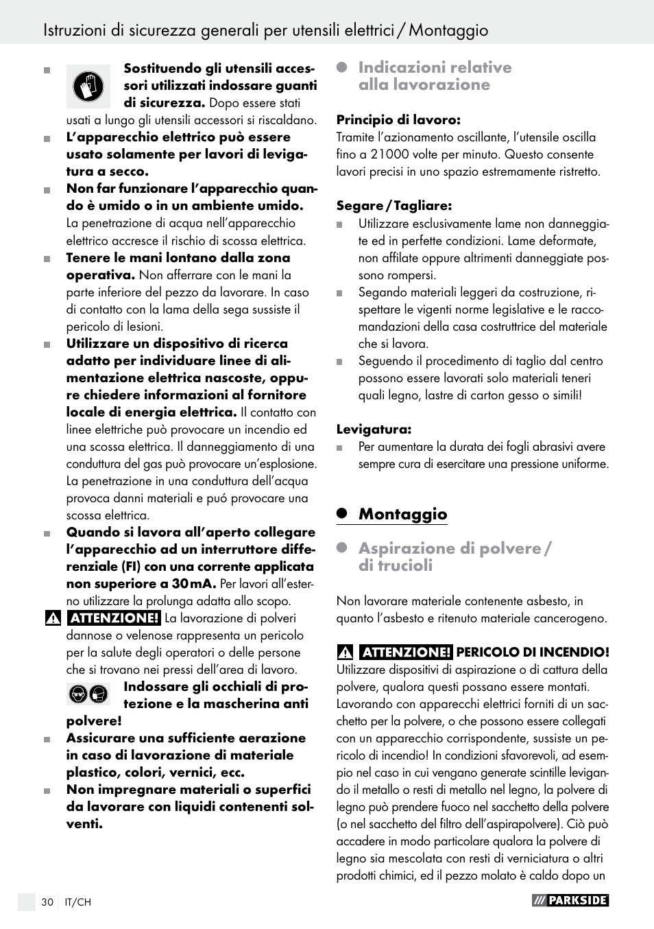 Indicazioni relative alla lavorazione, Montaggio, Aspirazione di polvere / di trucioli | Parkside PMFW 280 A2 User Manual | Page 30 / 44