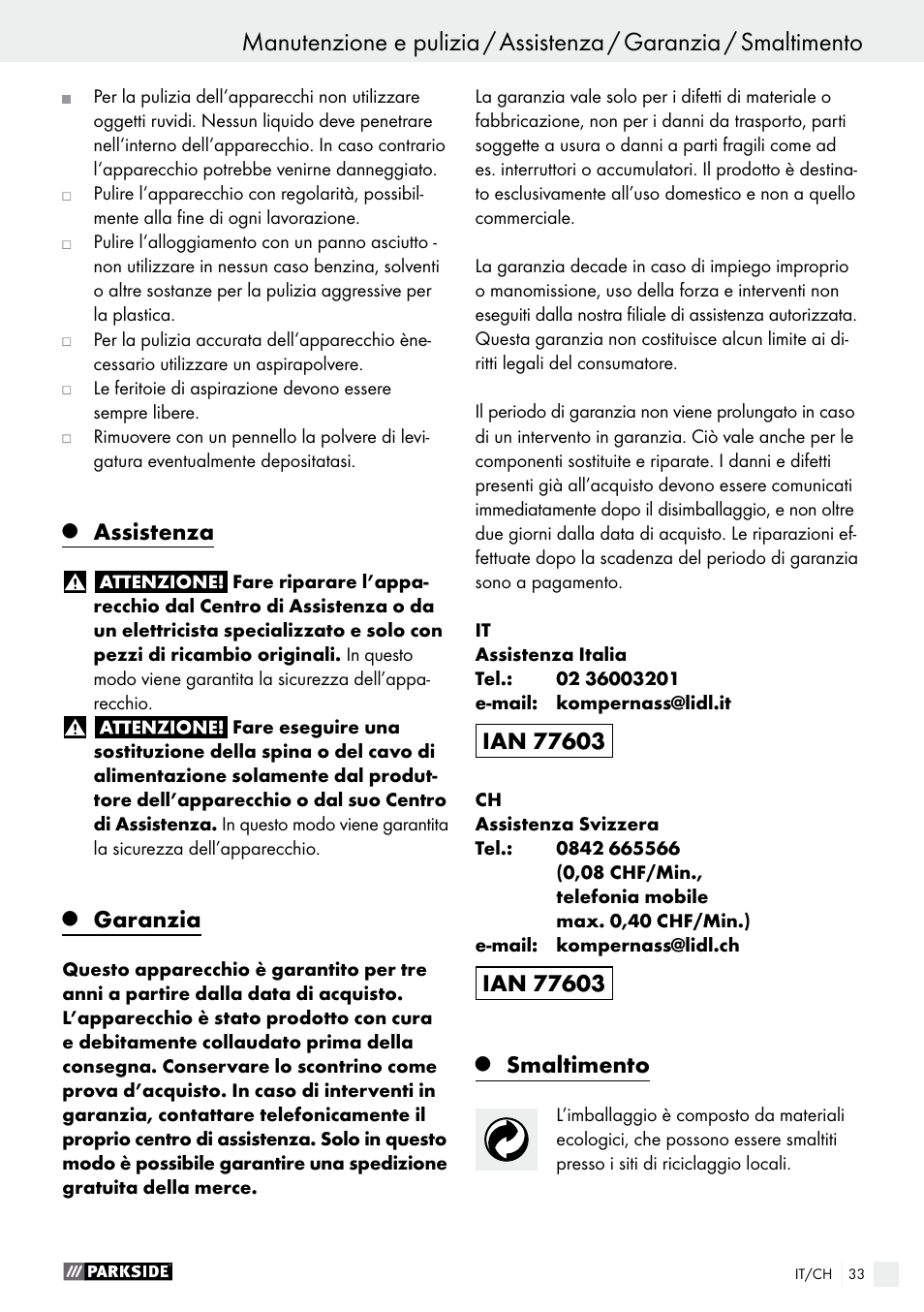 Assistenza, Garanzia, Smaltimento | Parkside PMFW 280 A2 User Manual | Page 33 / 44
