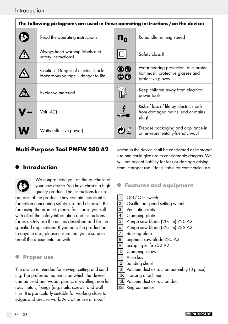 Parkside PMFW 280 A2 User Manual | Page 36 / 44