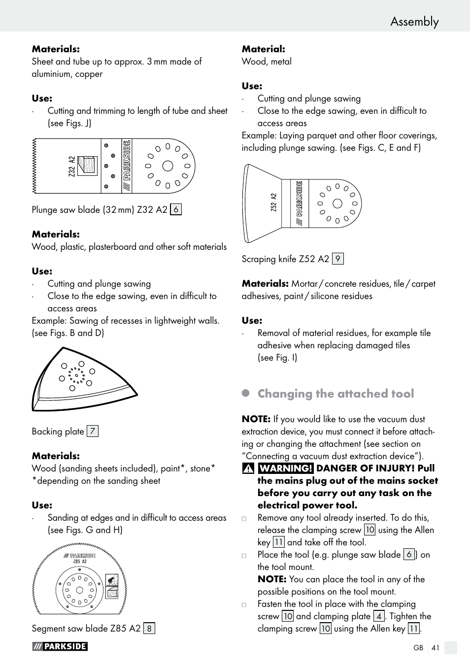 Changing the attached tool | Parkside PMFW 280 A2 User Manual | Page 41 / 44