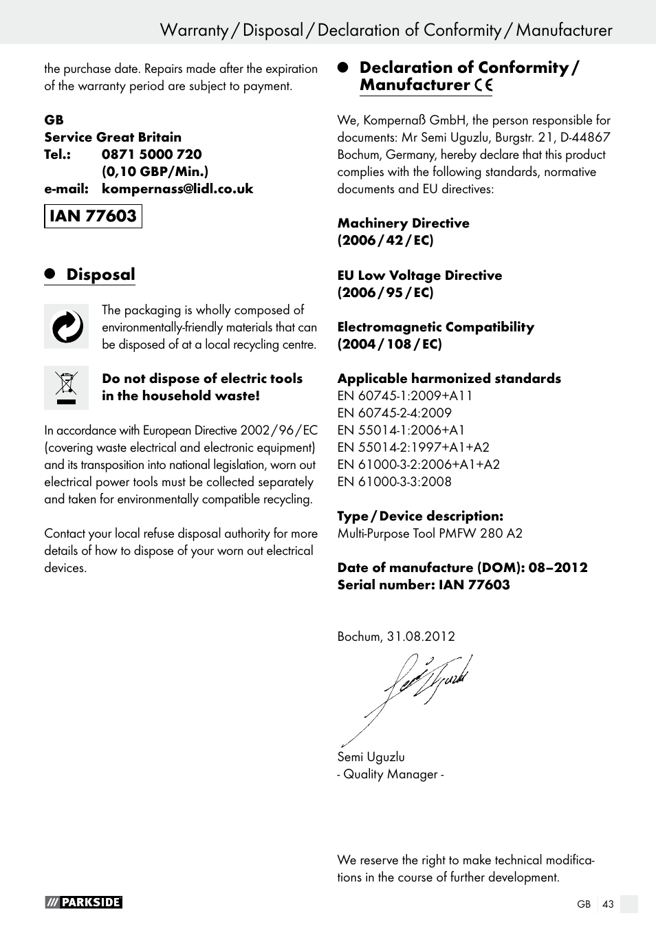 Disposal, Declaration of conformity / manufacturer | Parkside PMFW 280 A2 User Manual | Page 43 / 44