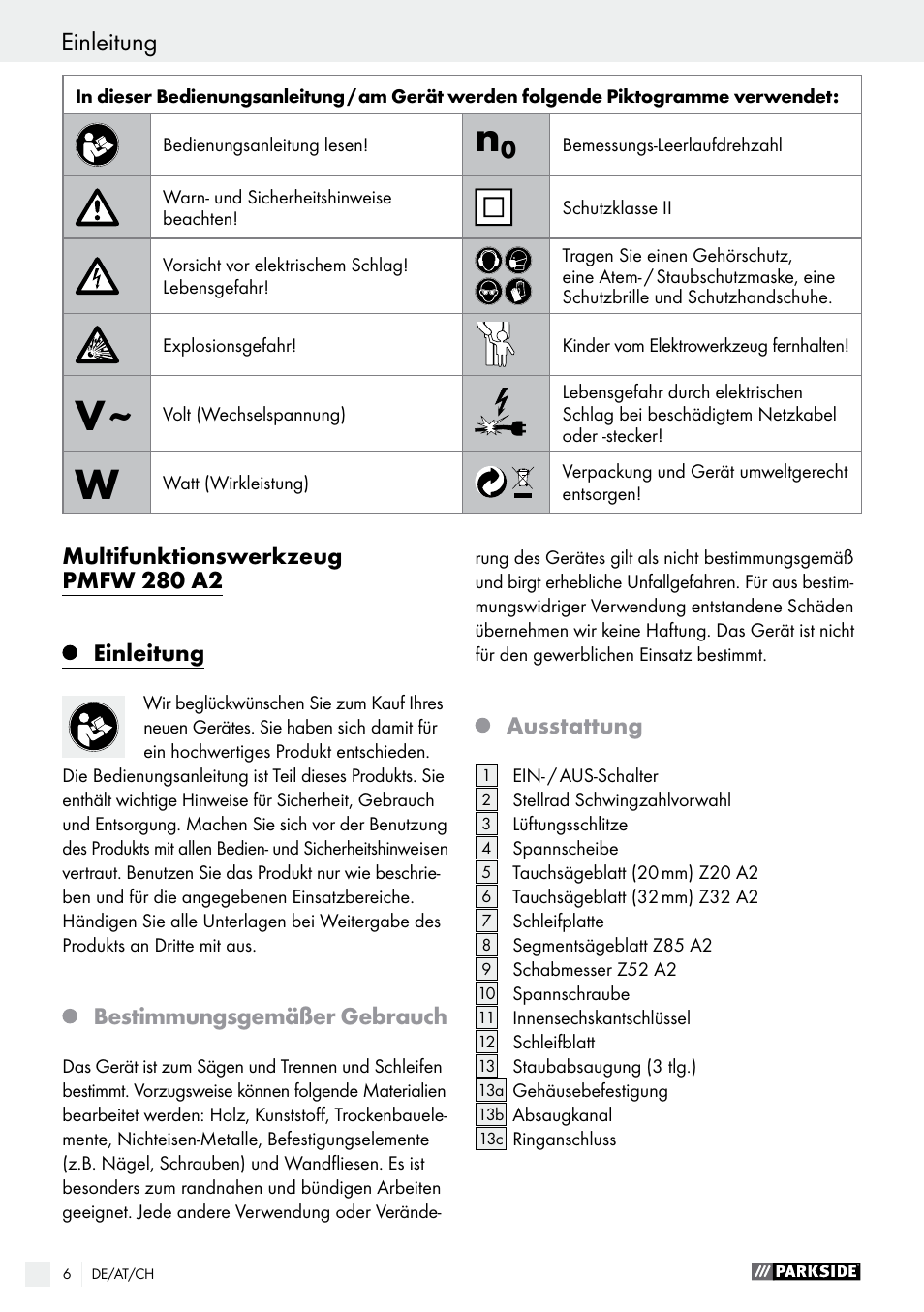 Einleitung | Parkside PMFW 280 A2 User Manual | Page 6 / 44