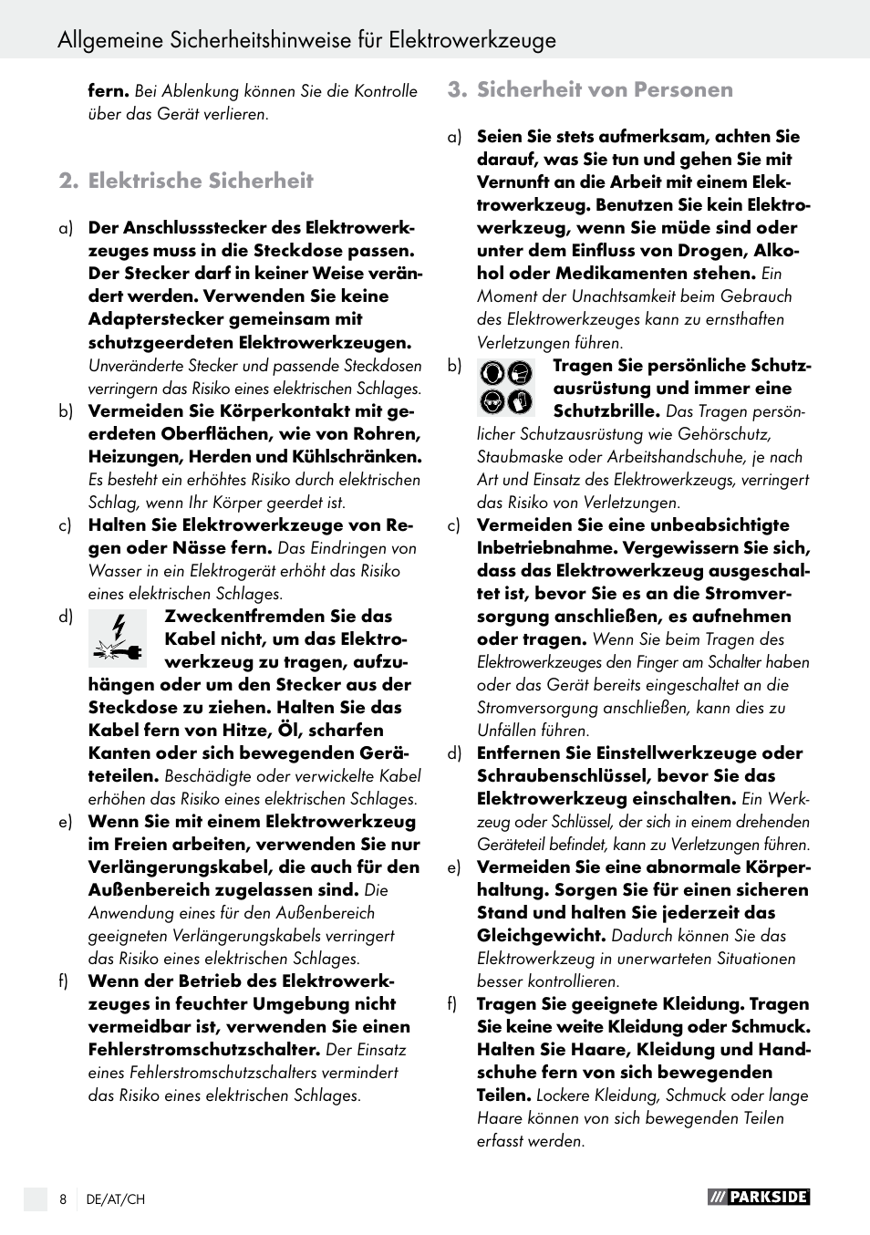 Elektrische sicherheit, Sicherheit von personen | Parkside PMFW 280 A2 User Manual | Page 8 / 44