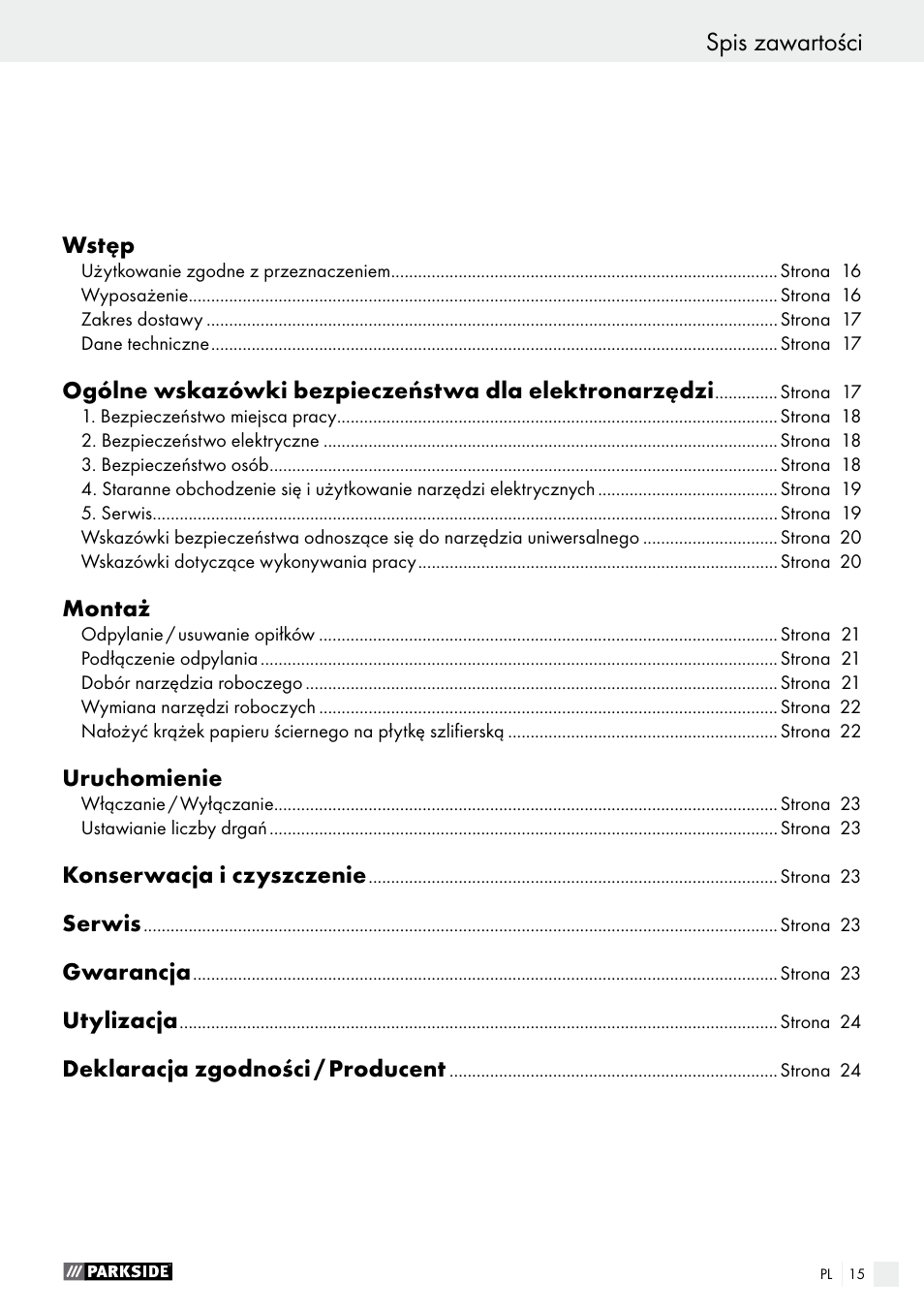 Spis zawartości | Parkside PMFW 280 A2 User Manual | Page 15 / 75