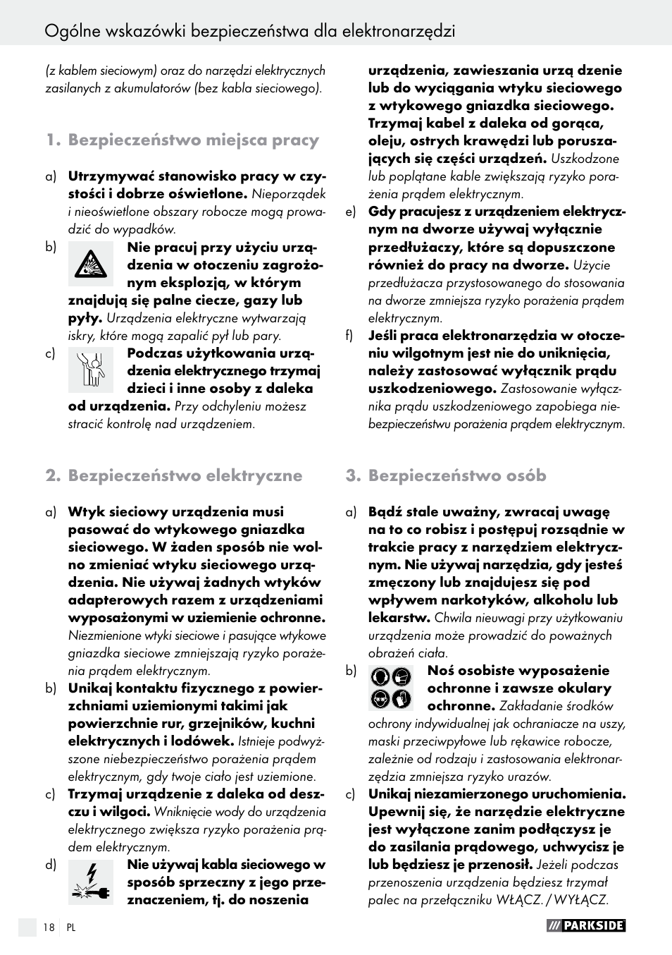 Bezpieczeństwo miejsca pracy, Bezpieczeństwo elektryczne, Bezpieczeństwo osób | Parkside PMFW 280 A2 User Manual | Page 18 / 75