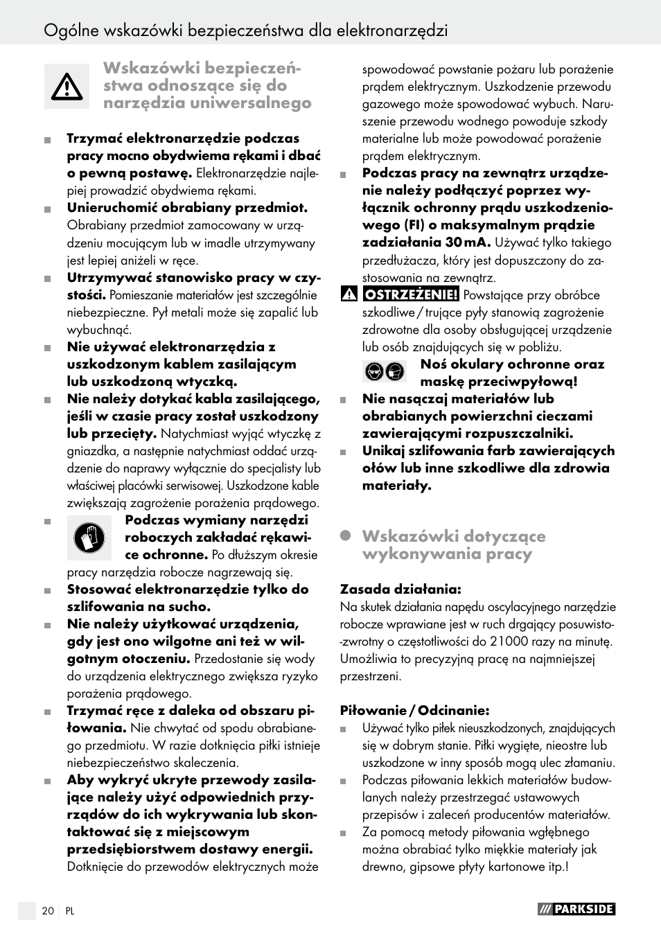 Wskazówki dotyczące wykonywania pracy | Parkside PMFW 280 A2 User Manual | Page 20 / 75