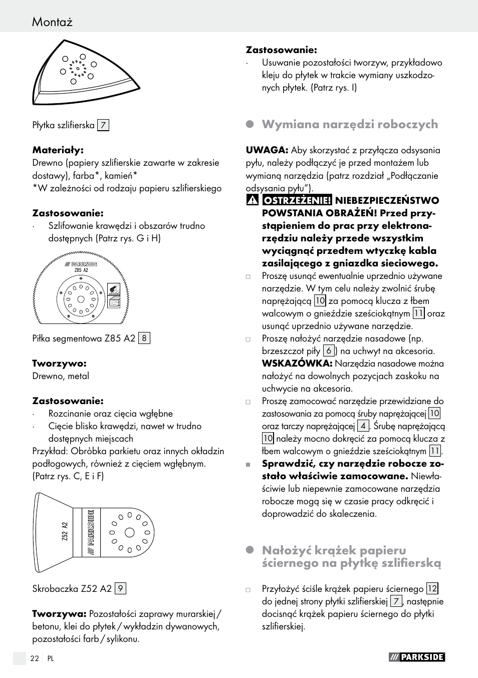 Montaż, Wymiana narzędzi roboczych | Parkside PMFW 280 A2 User Manual | Page 22 / 75