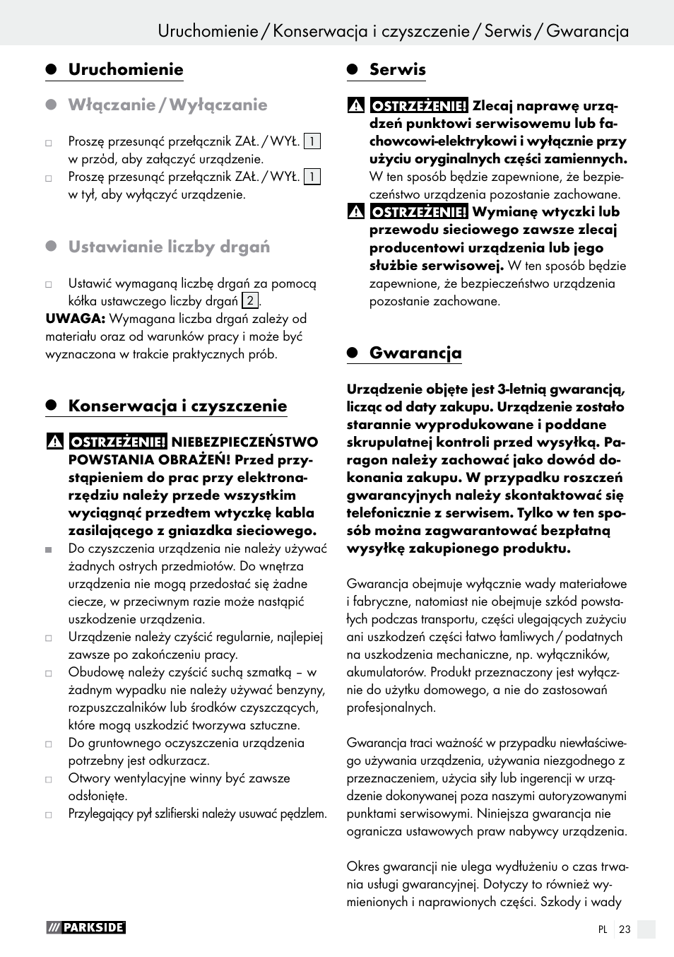 Uruchomienie, Włączanie / wyłączanie, Ustawianie liczby drgań | Konserwacja i czyszczenie, Serwis, Gwarancja | Parkside PMFW 280 A2 User Manual | Page 23 / 75