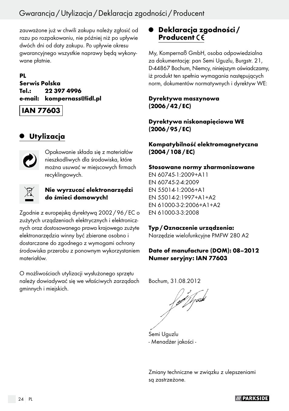 Tartalomjegyzék, Utylizacja, Deklaracja zgodności / producent | Parkside PMFW 280 A2 User Manual | Page 24 / 75
