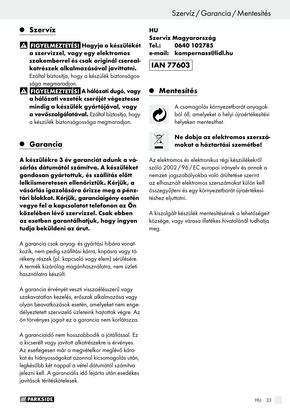 Szervíz / garancia / mentesítés, Szerelés / üzembevétel / karbantartás és tisztítás, Szervíz | Garancia, Mentesítés | Parkside PMFW 280 A2 User Manual | Page 33 / 75