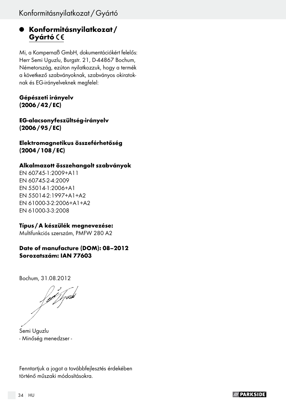 Konformitásnyilatkozat / gyártó, Kazalo | Parkside PMFW 280 A2 User Manual | Page 34 / 75