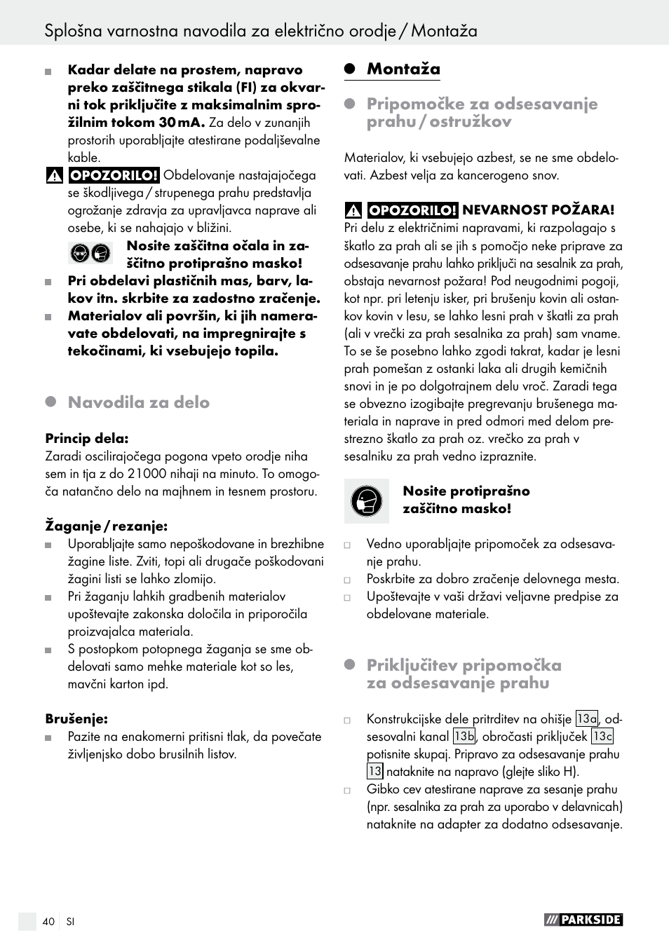 Navodila za delo, Montaža, Pripomočke za odsesavanje prahu / ostružkov | Priključitev pripomočka za odsesavanje prahu | Parkside PMFW 280 A2 User Manual | Page 40 / 75