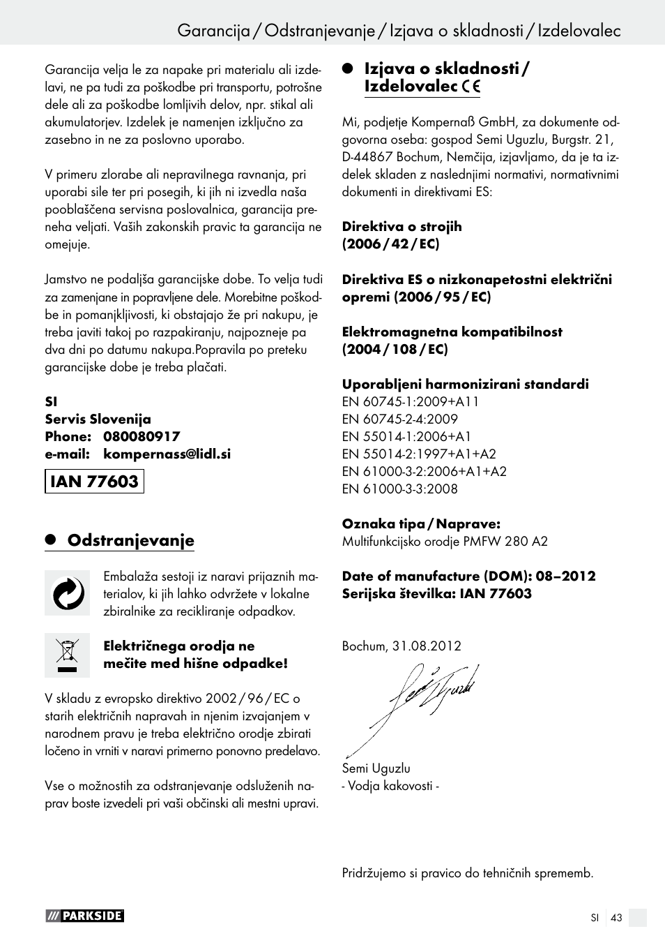 Odstranjevanje, Izjava o skladnosti / izdelovalec | Parkside PMFW 280 A2 User Manual | Page 43 / 75