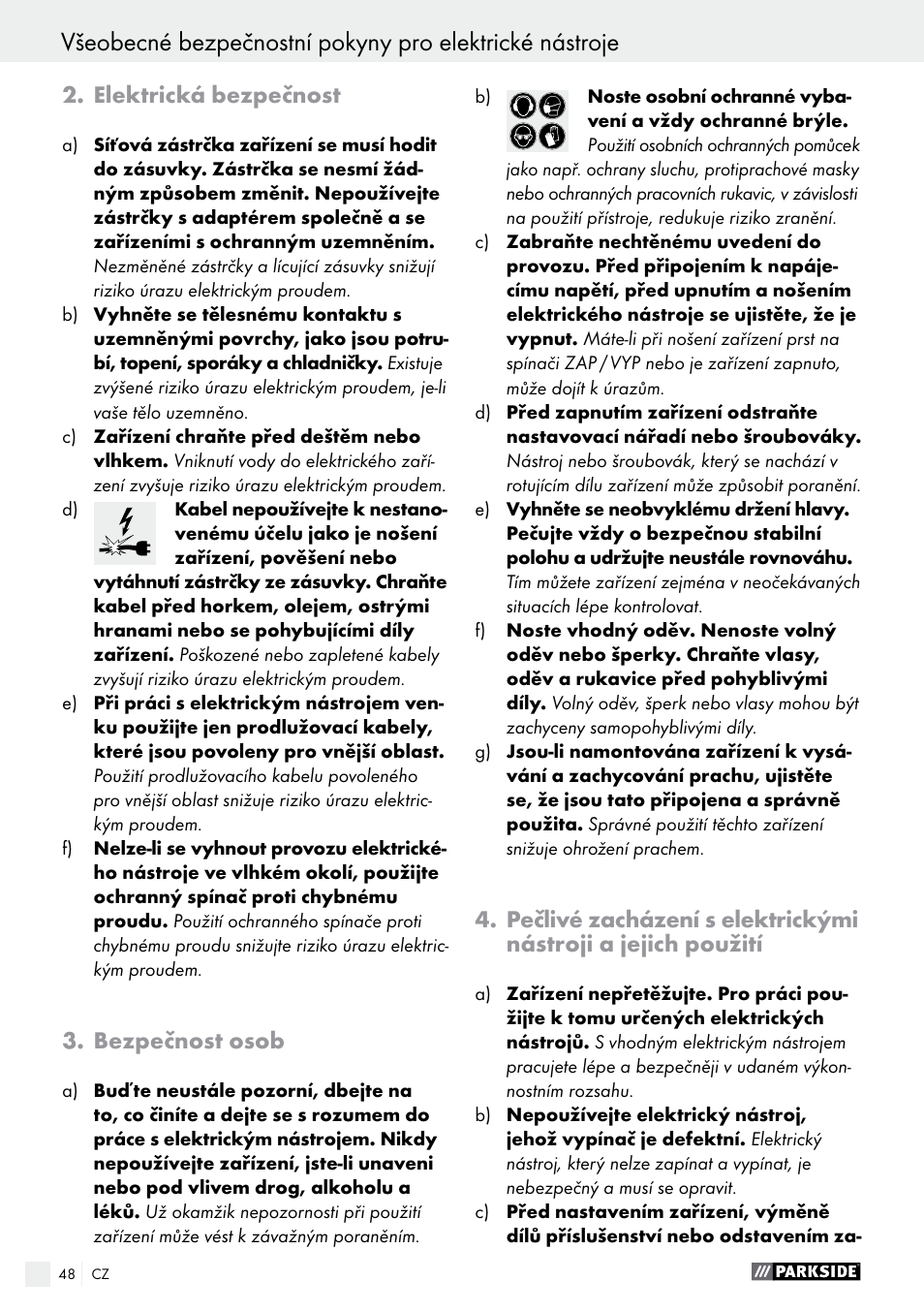 Elektrická bezpečnost, Bezpečnost osob | Parkside PMFW 280 A2 User Manual | Page 48 / 75