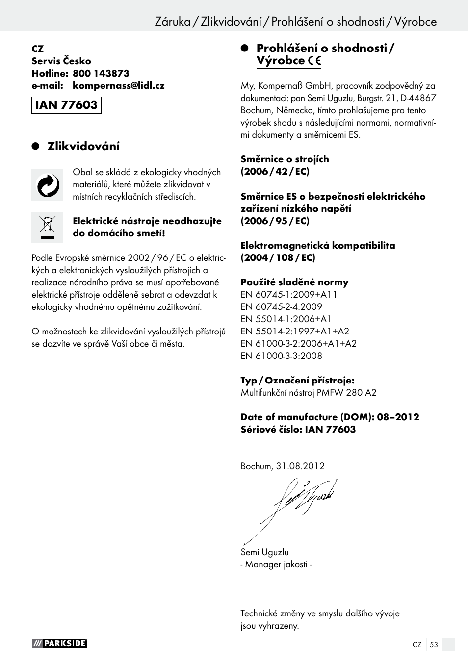 Zlikvidování, Prohlášení o shodnosti / výrobce | Parkside PMFW 280 A2 User Manual | Page 53 / 75