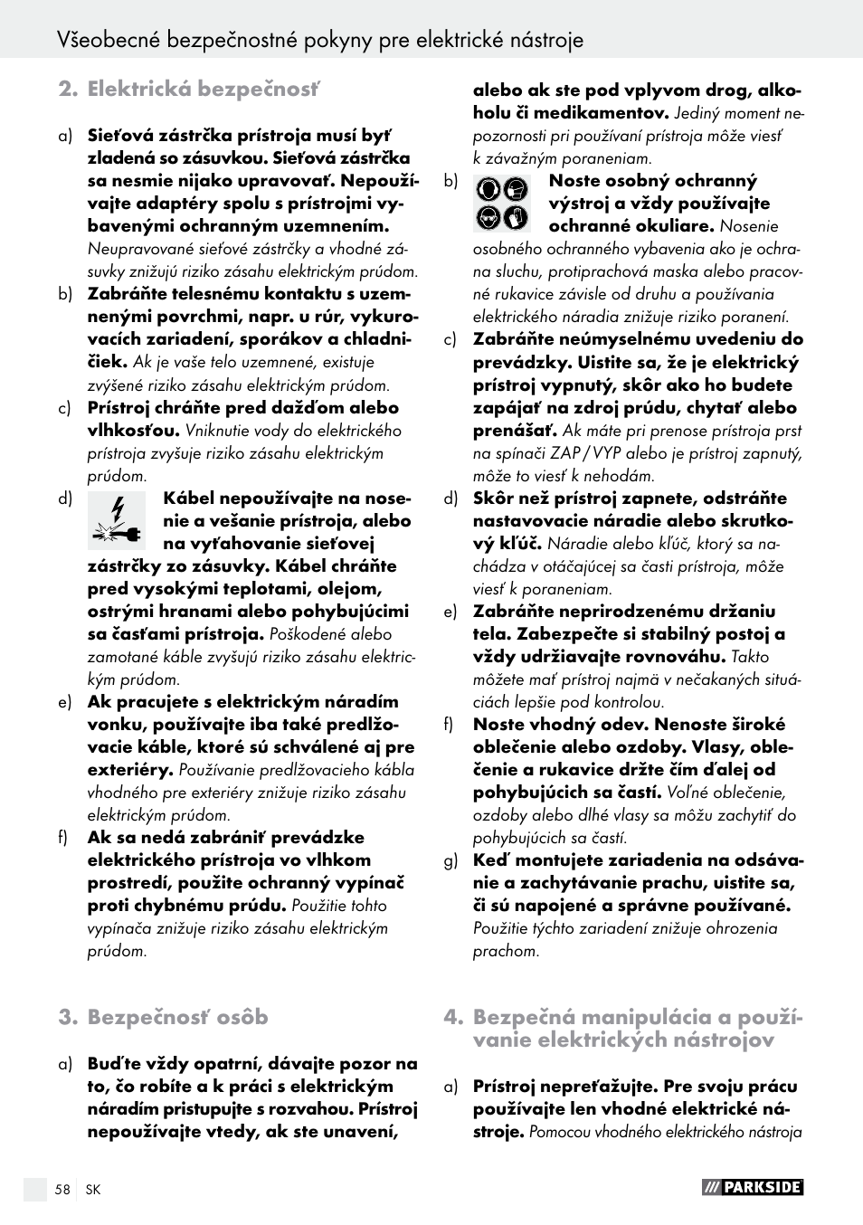 Elektrická bezpečnosť, Bezpečnosť osôb | Parkside PMFW 280 A2 User Manual | Page 58 / 75