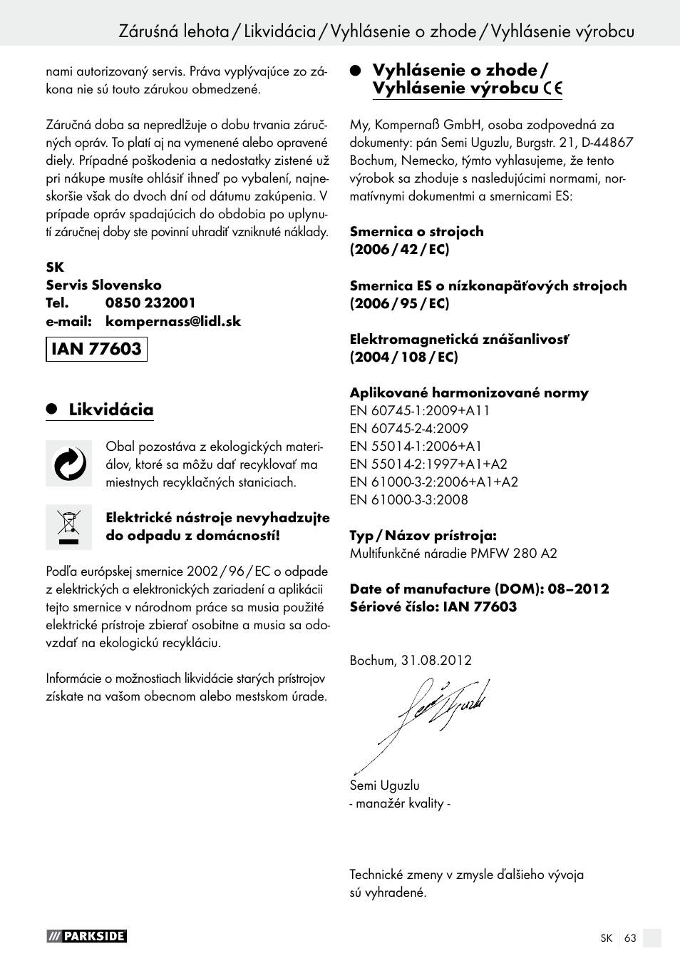 Likvidácia, Vyhlásenie o zhode / vyhlásenie výrobcu | Parkside PMFW 280 A2 User Manual | Page 63 / 75