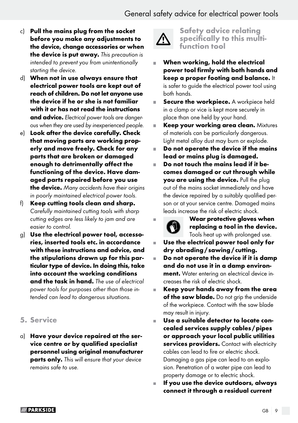 General safety advice for electrical power tools, Service | Parkside PMFW 280 A2 User Manual | Page 9 / 75