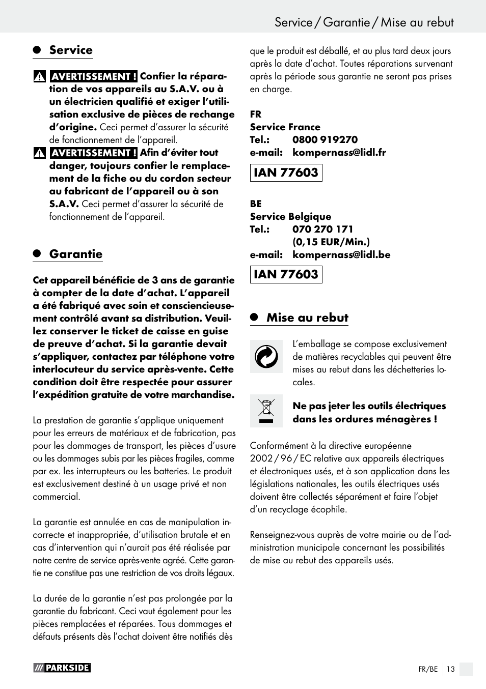 Service, Garantie, Mise au rebut | Parkside PMFW 280 A2 User Manual | Page 13 / 44