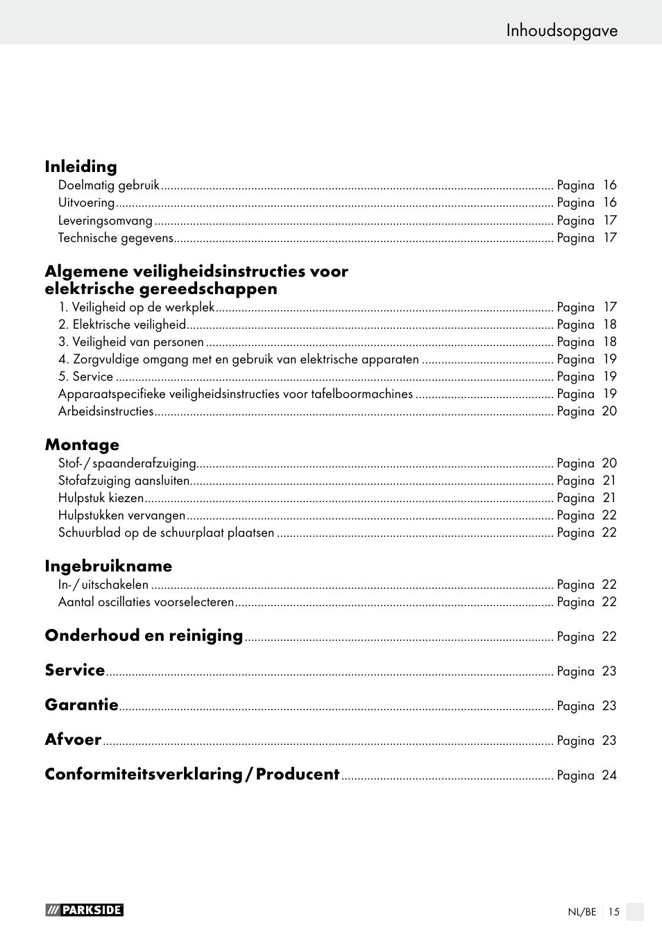 Inhoudsopgave, Déclaration de conformité / fabricant | Parkside PMFW 280 A2 User Manual | Page 15 / 44