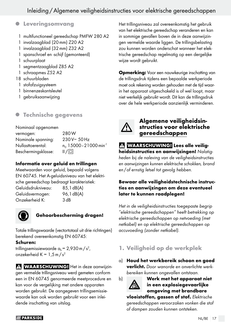 Leveringsomvang, Technische gegevens, Veiligheid op de werkplek | Parkside PMFW 280 A2 User Manual | Page 17 / 44