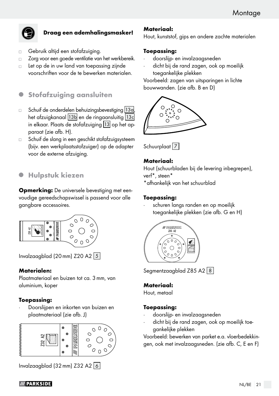 Stofafzuiging aansluiten, Hulpstuk kiezen | Parkside PMFW 280 A2 User Manual | Page 21 / 44