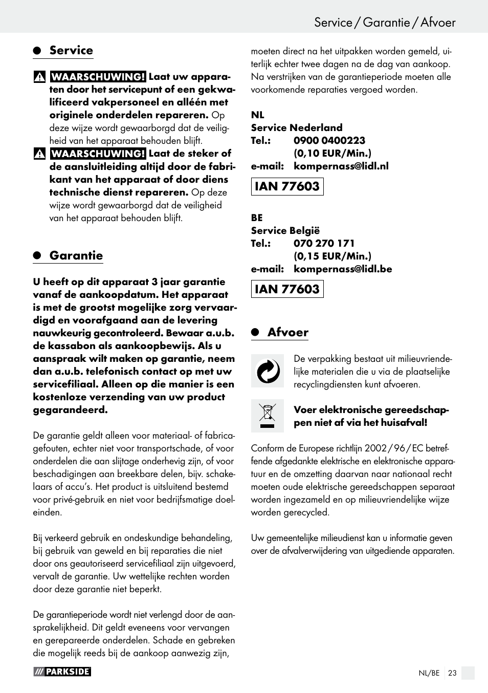 Service, Garantie, Afvoer | Parkside PMFW 280 A2 User Manual | Page 23 / 44