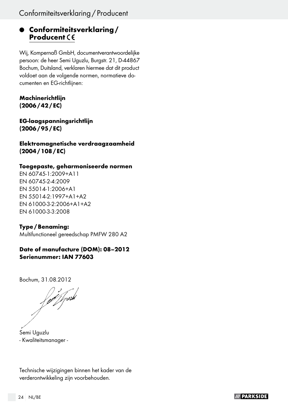 Parkside PMFW 280 A2 User Manual | Page 24 / 44